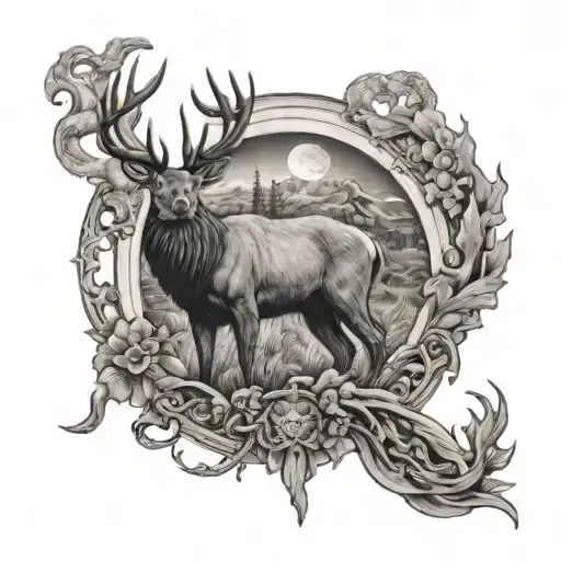 A Tattoo Of A Hunting Scene With Religious Imagery Subtly Incorporated Into The Background