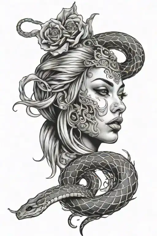 Female Face And A Snake In The Shape Of A Human Heart