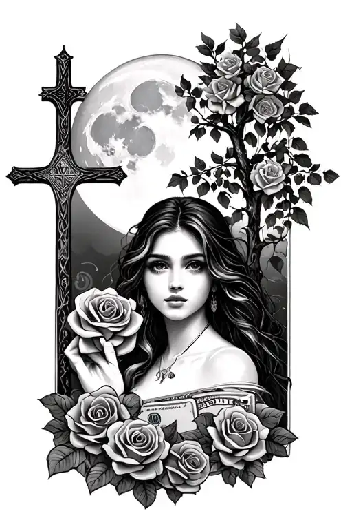 Trees And Moon Jeruslame Cross Roses Poker Money And A Girl