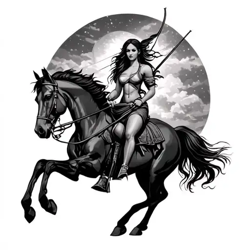 Sagittarius Woman On Horse With Bow Hunting Scene