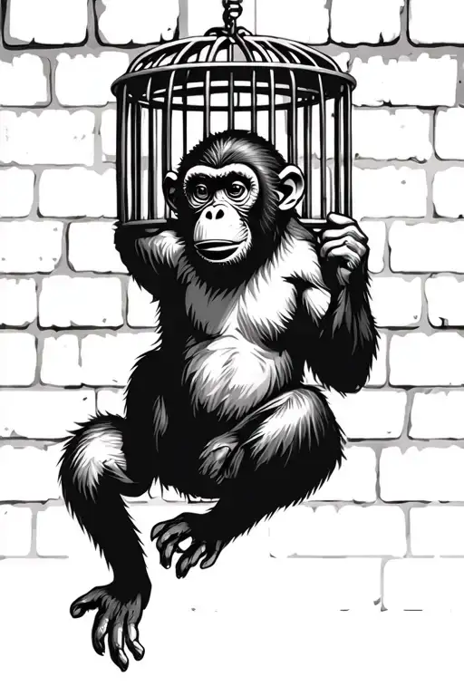Hanging Monkey Holding On Shoulder Inside Chain Link Cage Brick Wall Background