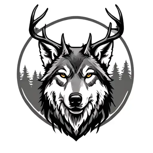 Spartan And Wolf And Deer Head With Trees