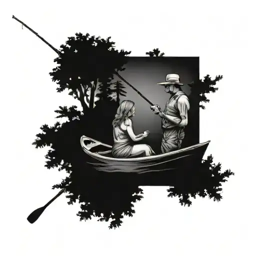 Man And Wife Fishing On A Boat With Trees In The Background