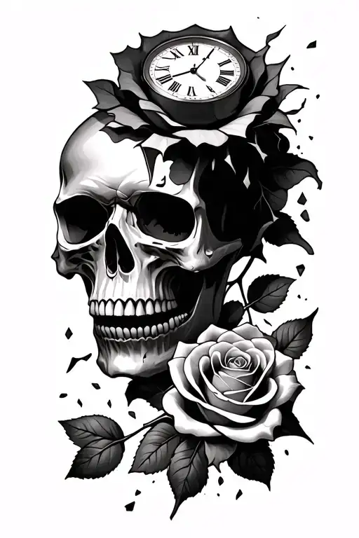 Skull With A Clock With Shards Turning Into A Rose On Under Forearm