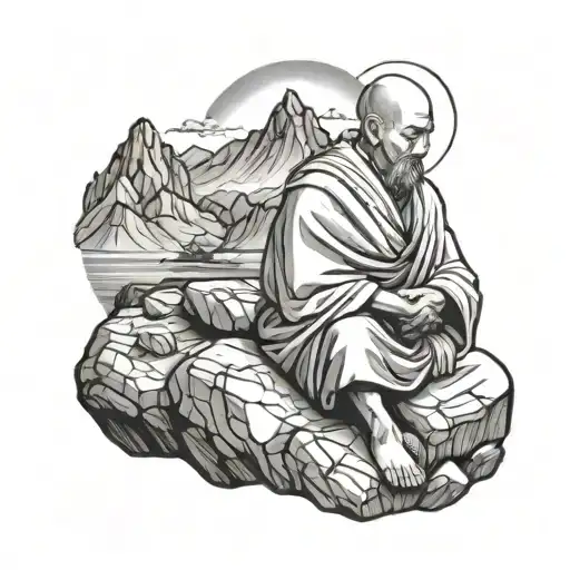 A Tattoo Of Monk Sitting On A Rock With A Mountain In The Background