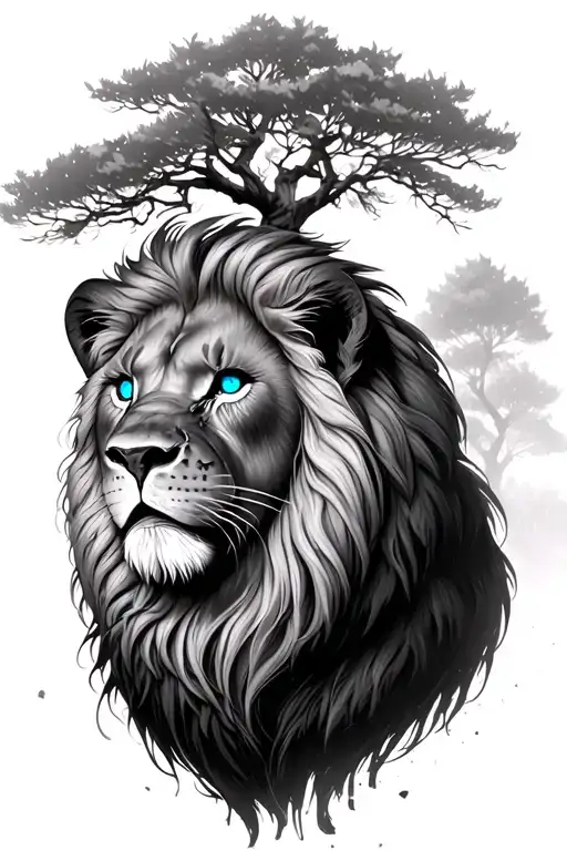 Lion With Scars And Blue Eyes With Tree In Background Make The Lion Look More Worn And Beat Up