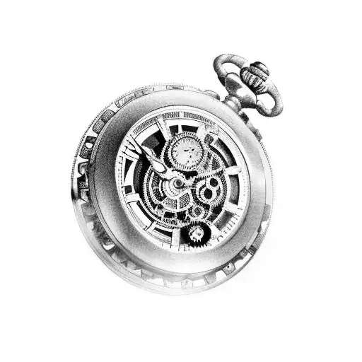 A Black And Grey Tattoo Of Two Pocket Watches Fused Together With Gears And Clockwork Details