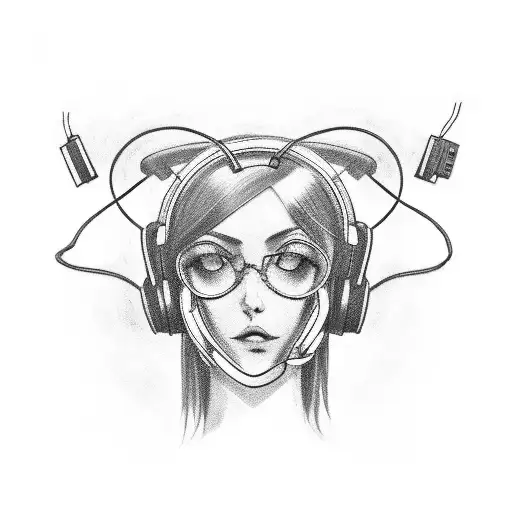 Black And Red Tattoo With Overhead Wired Headphones And Text Wire Cultist