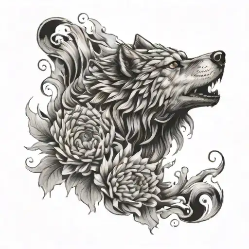 A Chrysanthemum Wrapping Around A Wolf On Fire Inside Of A Moonheart