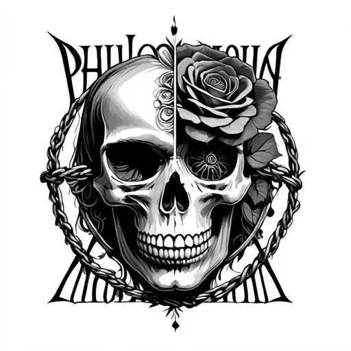 Bar Wire Around The Word Philophobia With Half Skull Half Rose Face