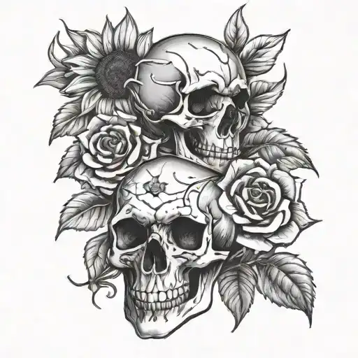 Skull With Roses And Sunflowers
