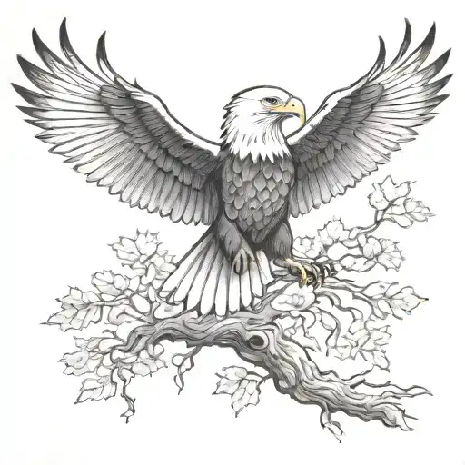 Bald Eagle With Water And Trees And American Flag