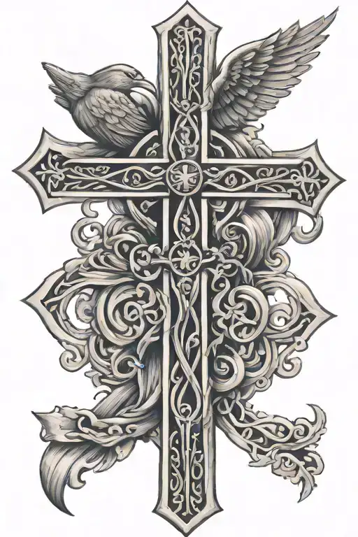 Detailed Cross Tattoo Implementing A Trinity Knot And One Bird On Each Side Of The Top Of Cross