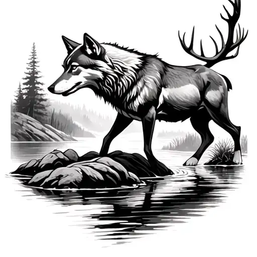 1 Wolf Chases A Deer Over A Stream