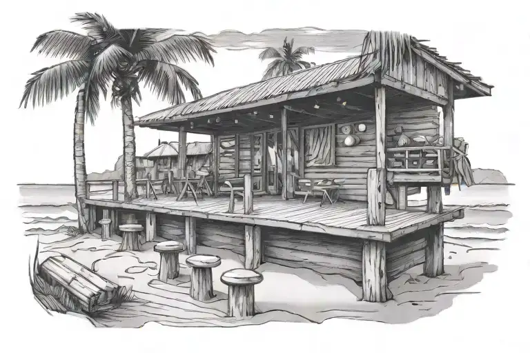 A Beach With Only A Wooden Bar With A Deck On It Viewed From The Ocean Looking In