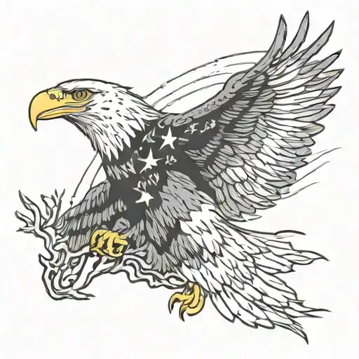 Bald Eagle Flying With Trees An American Flag In The Background