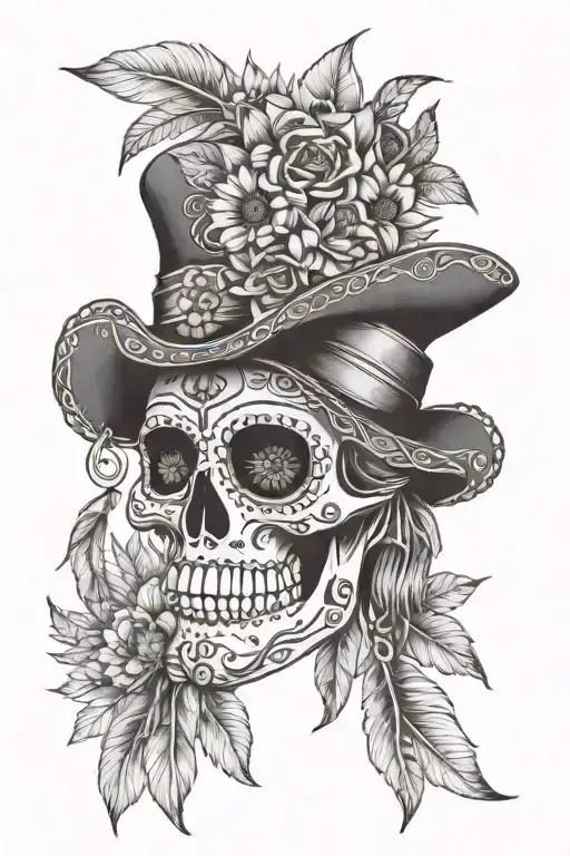 A Sugar Skull Wearing A Leather Hat Adorned With Sunflowers And Feathers