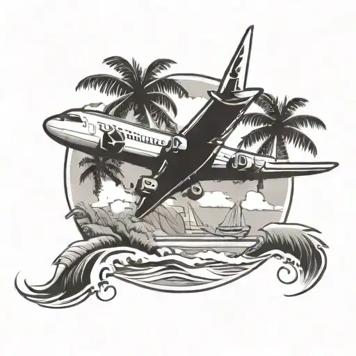 Airplane Beach Scene With Palm