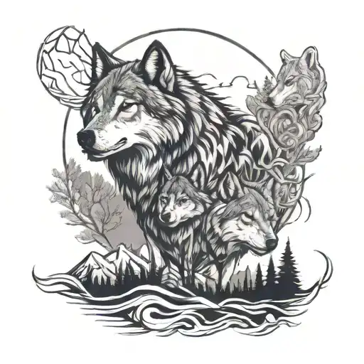 Wolf Pack And Mountain And Knots Symbolizing