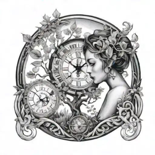 Clock And Women Mother Nature And Tree Of Life
