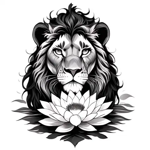 Female Lion With Lotus Flower