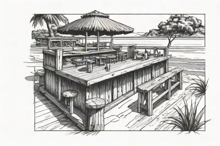 A Beach With Only A Wooden Bar With A Deck On It