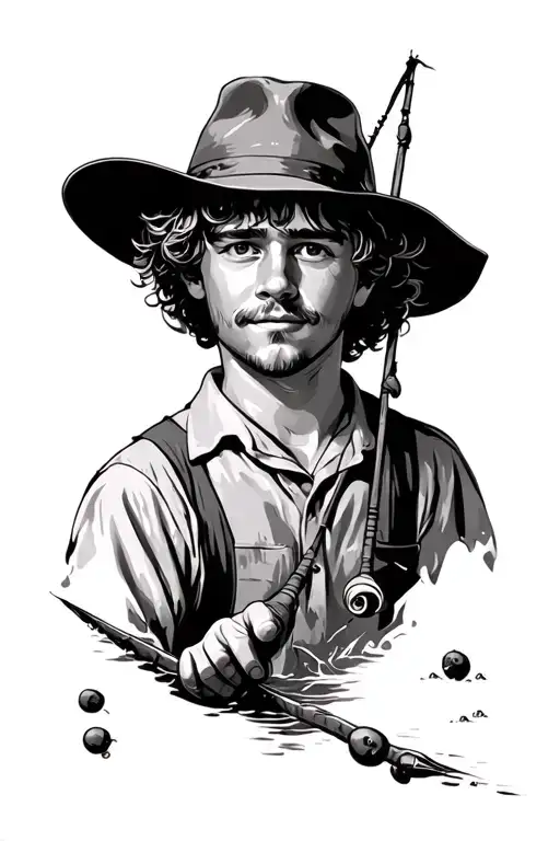 Young Huckleberry Finn Fishing Scene Featuring