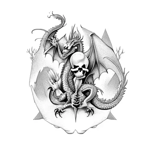 Dragon And Skull With Flowers