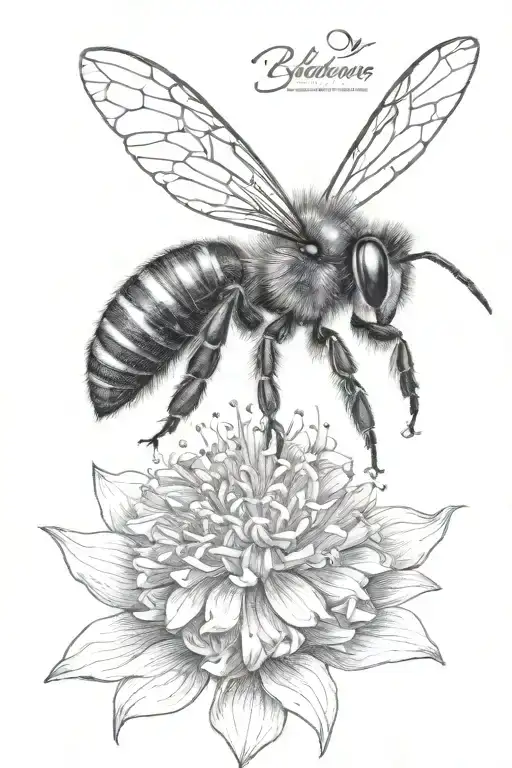 A Black And Grey Realistic Depiction Of A Bee Pollinating A Vibrant Flower