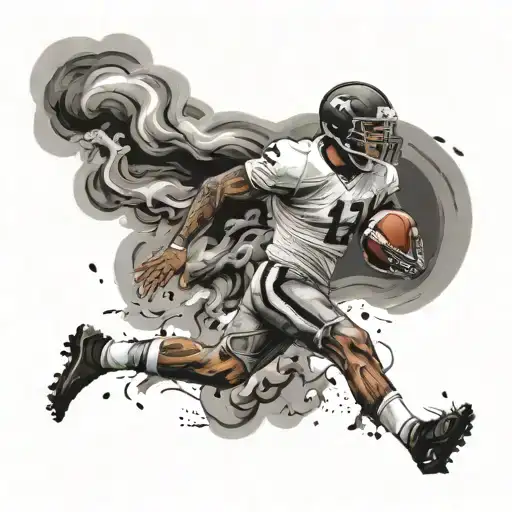 A Football Player Sprinting Down The Field With A Trail Of Black And Grey Smoke Behind Them