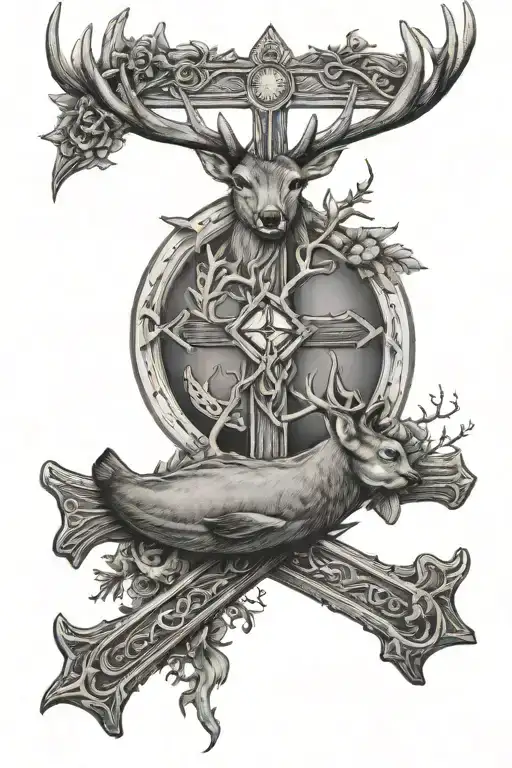 Cross With Deer Antlers And Fish