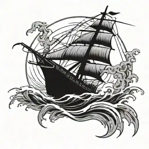 A Modern Sloop Type Sailboat Battling Rough Seas In A Fishbowl Being Held By A Skeleton Hand