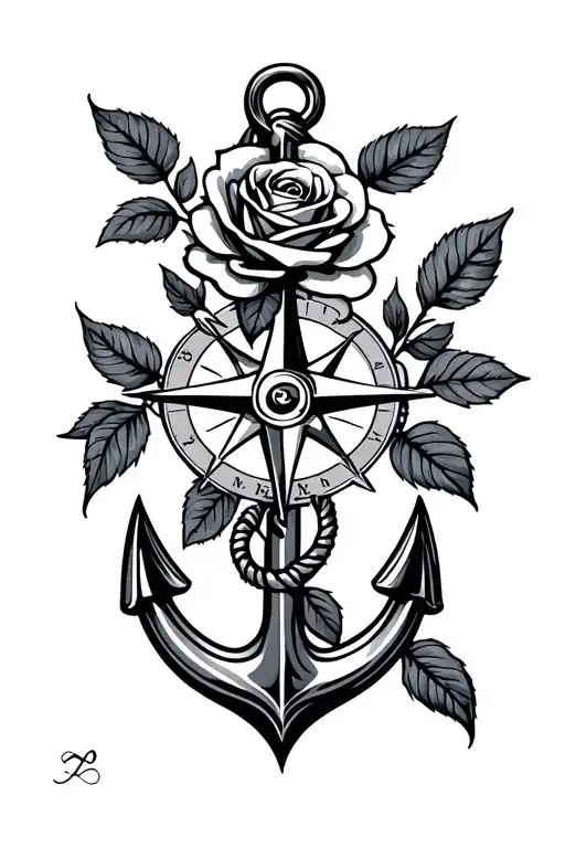 Compass Navy Anchor Intertwined With A Rose Growing