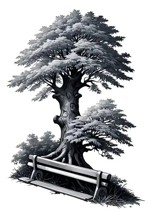 Maple Tree Fine Line Tattoo With Bench Underneath