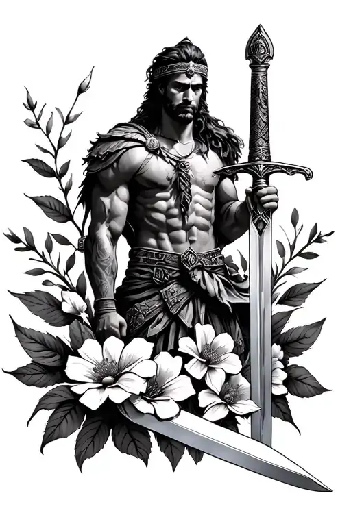 Greek Warrior Wielding A Sword With Flowers Underneath And Modern War Theme
