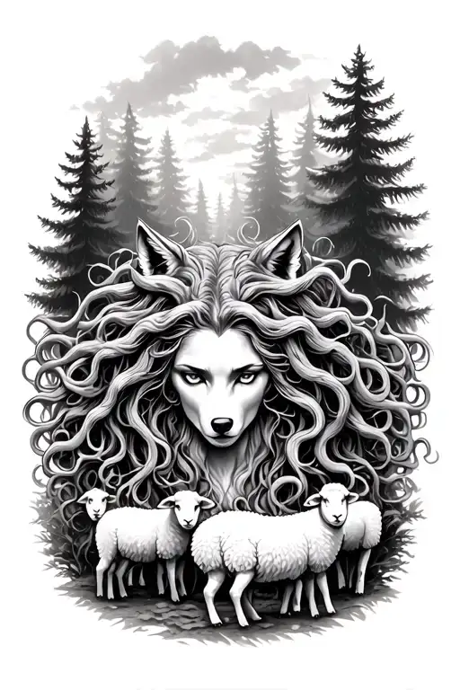 Medusa Surrounded By Forest Trees Background Looking Down At Wolfs Dressed In Sheeps Clothing