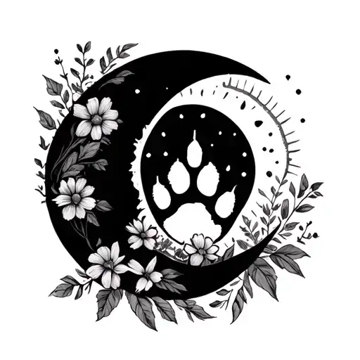 Crescent Moon With Sun And Flowers Dog Paw And Earthy Nature