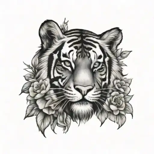 Small Leg Tattoo With Tiger And Flowers
