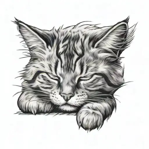 A Drawing Of A Fuzzy Siberian Cat Curled Up Sleeping On Its Side And Eyes Closed