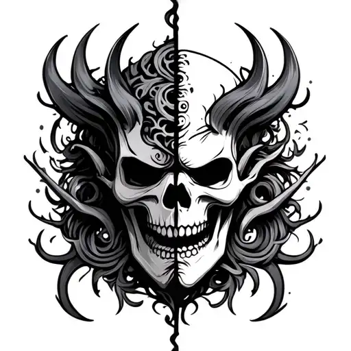 Oni Mask Split In Half With A Skeleton Head Surrounded