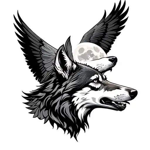 Wolf Head Howling At The Moon With And Eaglebflying Iver With Wings Spread Wide