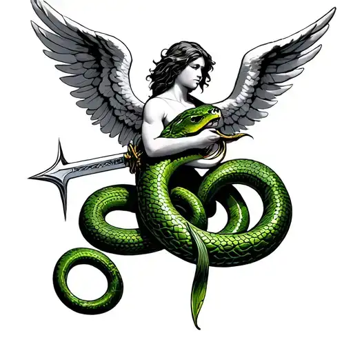An Angel Holding A Sword Killing A Snake Intertwined In A Green Themed