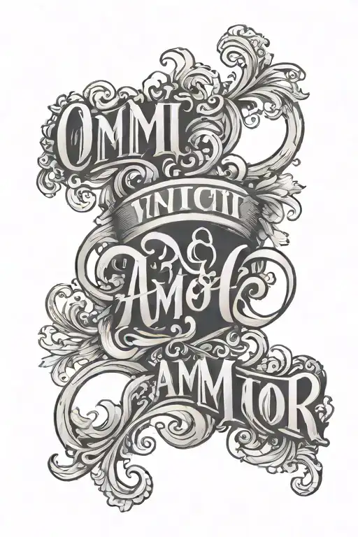 Omni Vincit Amor Tattoo With The Lettering In A Design Resembling The Latin Meaning Of Love
