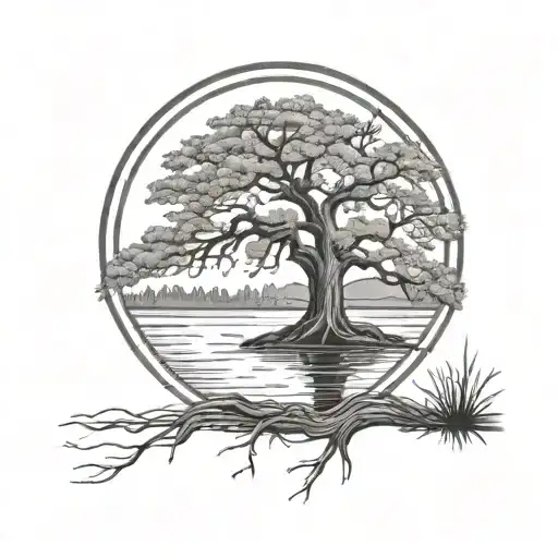 Back Tattoo Of Oak Tree With Sun And A Lake Mirroring To A Landscape With A Moon And Willow Tree