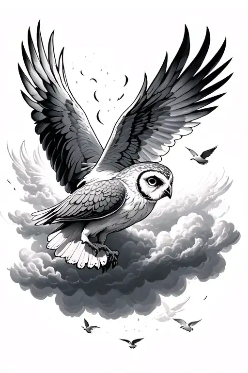 Dove Flying Around Owl Surrounded By Clouds
