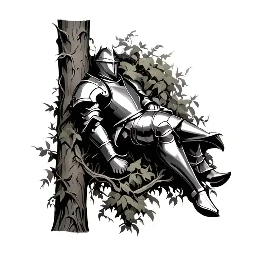 Armour Of Knight Laying Against A Tree With Vines Growing Through The Armour Tattoo