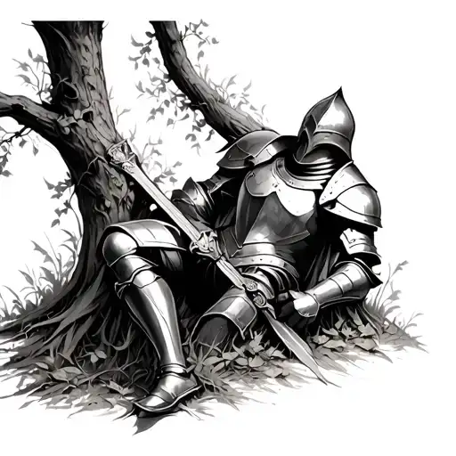 Armour Of Fallen Knight Laying Against A Tree Where Vines Are Growing Through The Armour Tattoo