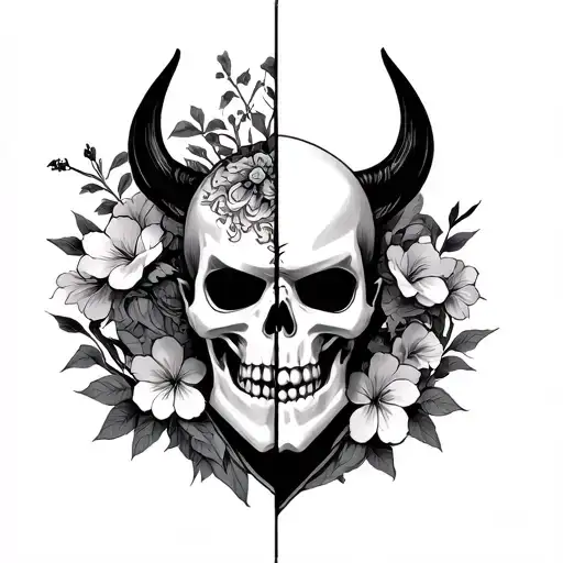 Oni Mask Split In Half With A Skeleton Head In The Middle With Japanese Flowers Round It