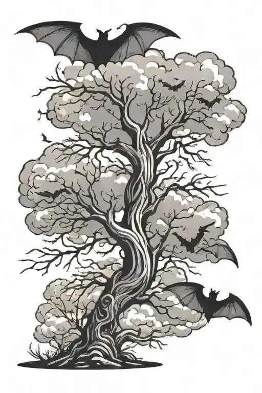 Posion Tree With Bats And Clouds Behind It Tattoo
