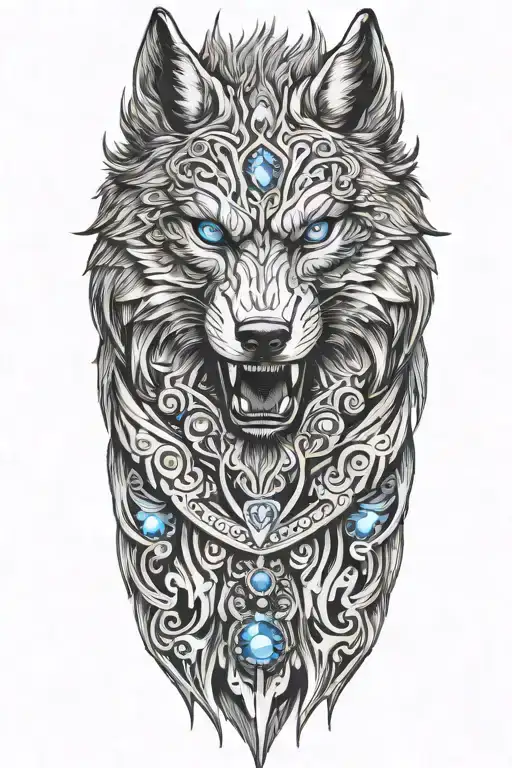 Wolf With Blue Eyes On Armor Tattoo Design Featuring Angry